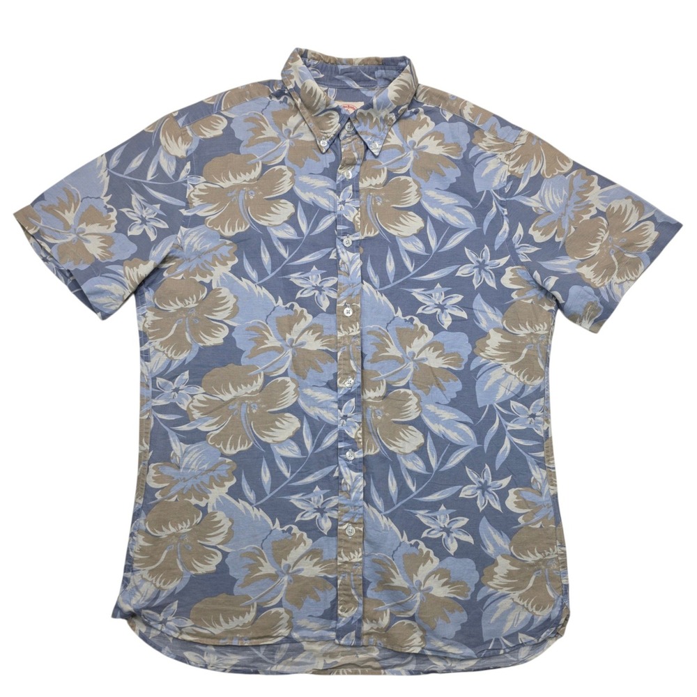 Brooks Brothers Red Fleece Mens Blue Floral Hibiscus Linen Short Sleeve Shirt M